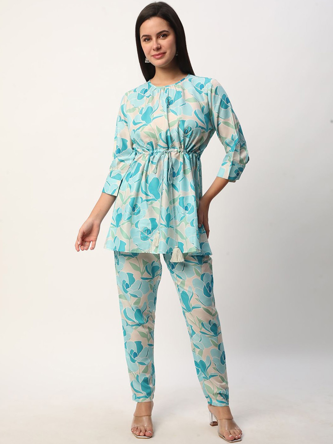 

R&B Floral Printed Sequinned A-Line Kurti With Trousers, Blue