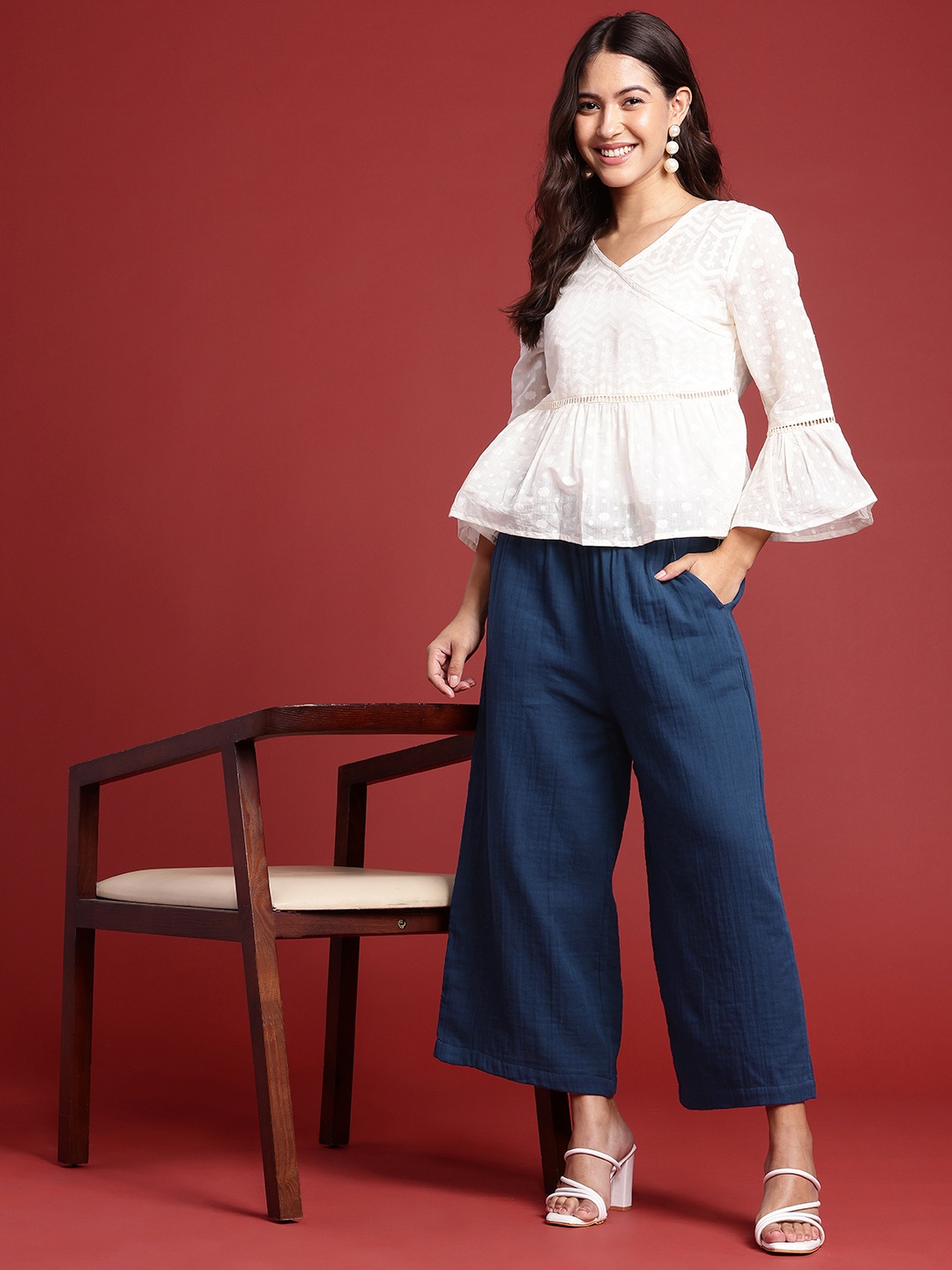 

Bareblow Women Solid Wide Leg Cropped Palazzo, Navy blue