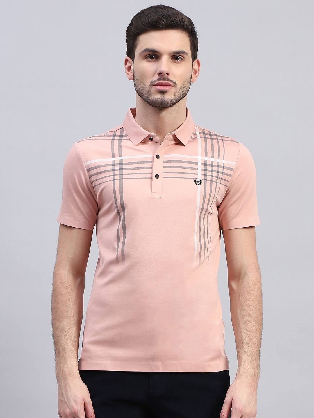

Monte Carlo Men Striped Polo Collar Cotton T-Shirt, Peach