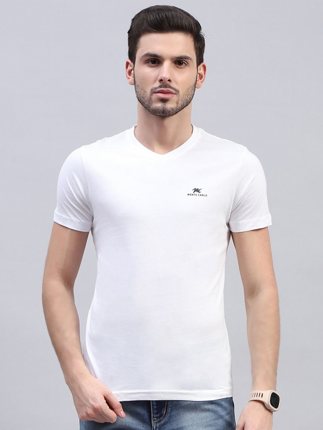 

Monte Carlo Men Solid V-Neck Cotton T-Shirt, White