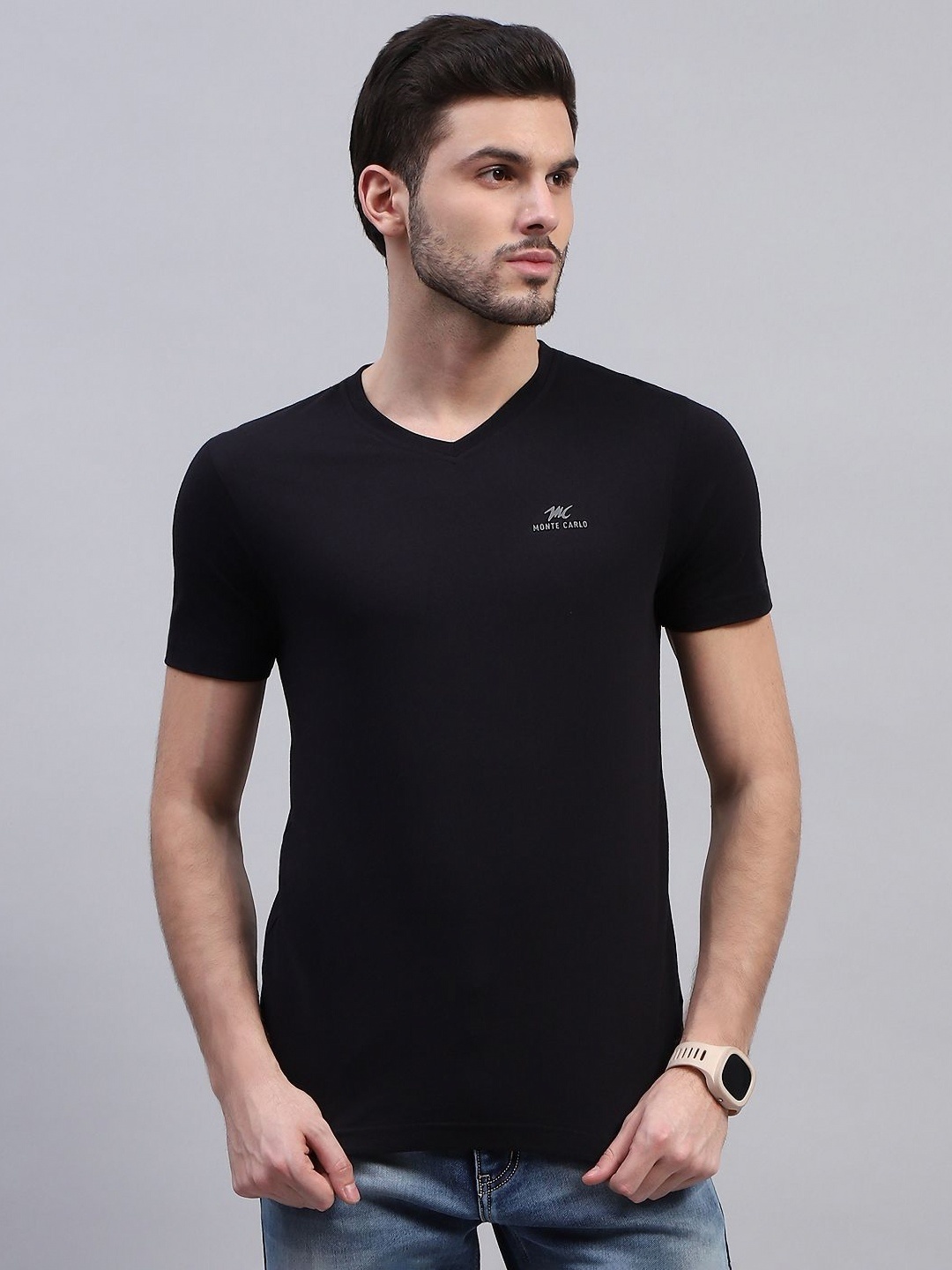 

Monte Carlo Men Solid V-Neck Cotton T-Shirt, Black