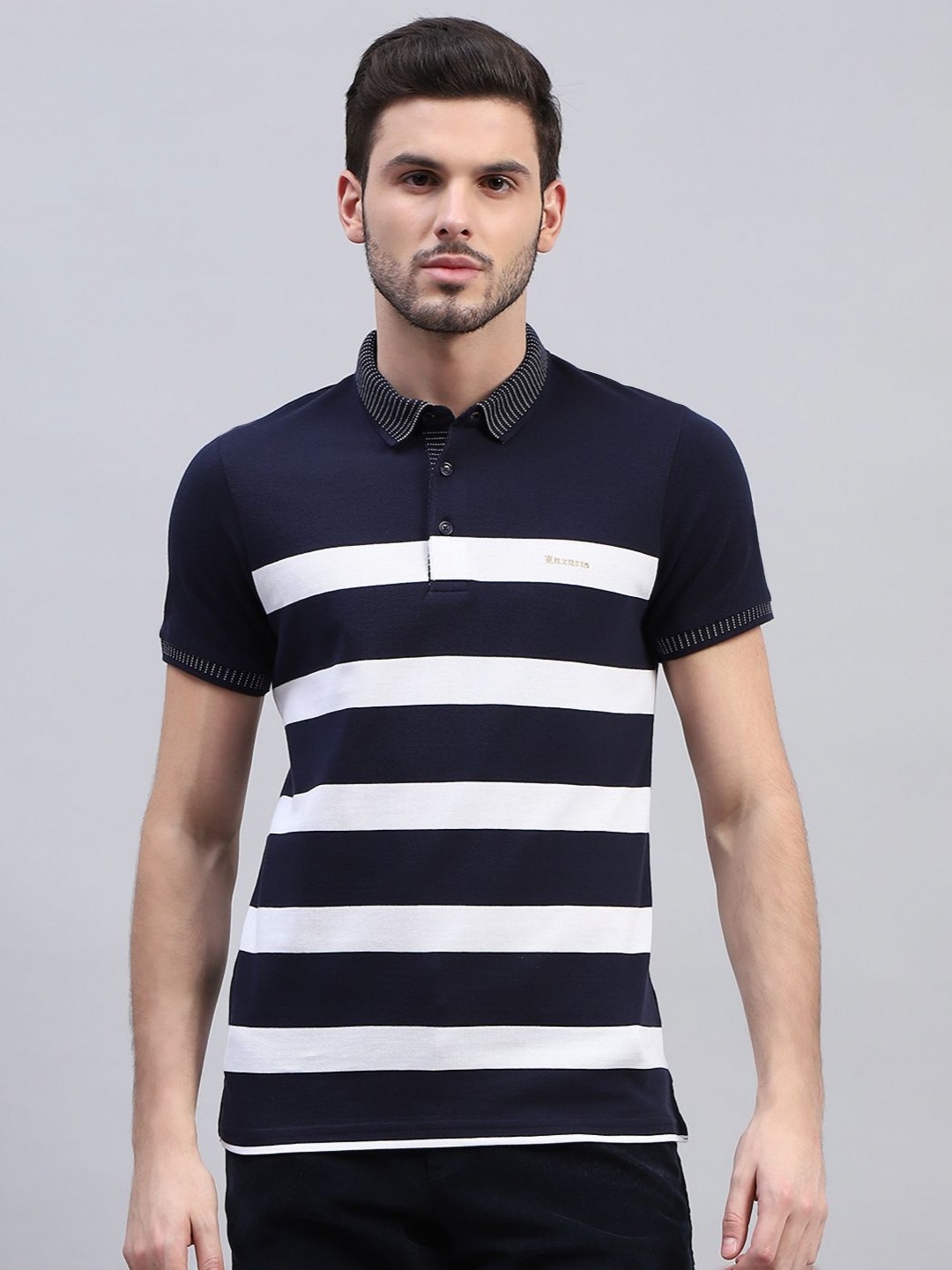 

Monte Carlo Men Striped Polo Collar Cotton T-Shirt, Navy blue