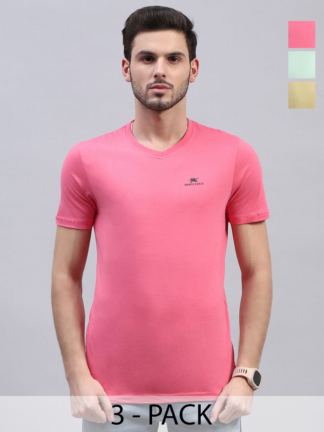 

Monte Carlo Men V-Neck Applique T-shirt Pack of 3, Beige