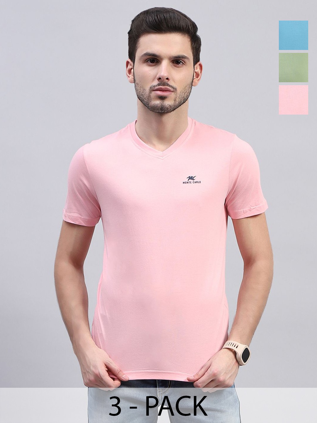 

Monte Carlo Men V-Neck Applique T-shirt Pack Of 3, Pink