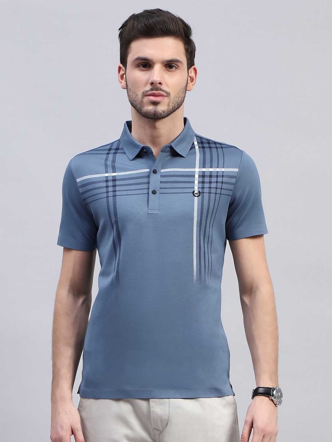 

Monte Carlo Men Striped Polo Collar Cotton T-Shirt, Blue
