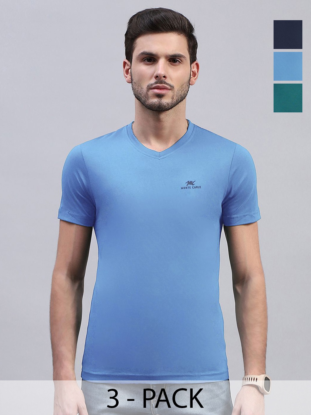 

Monte Carlo Men V-Neck Pockets T-shirt Pack Of 3, Teal