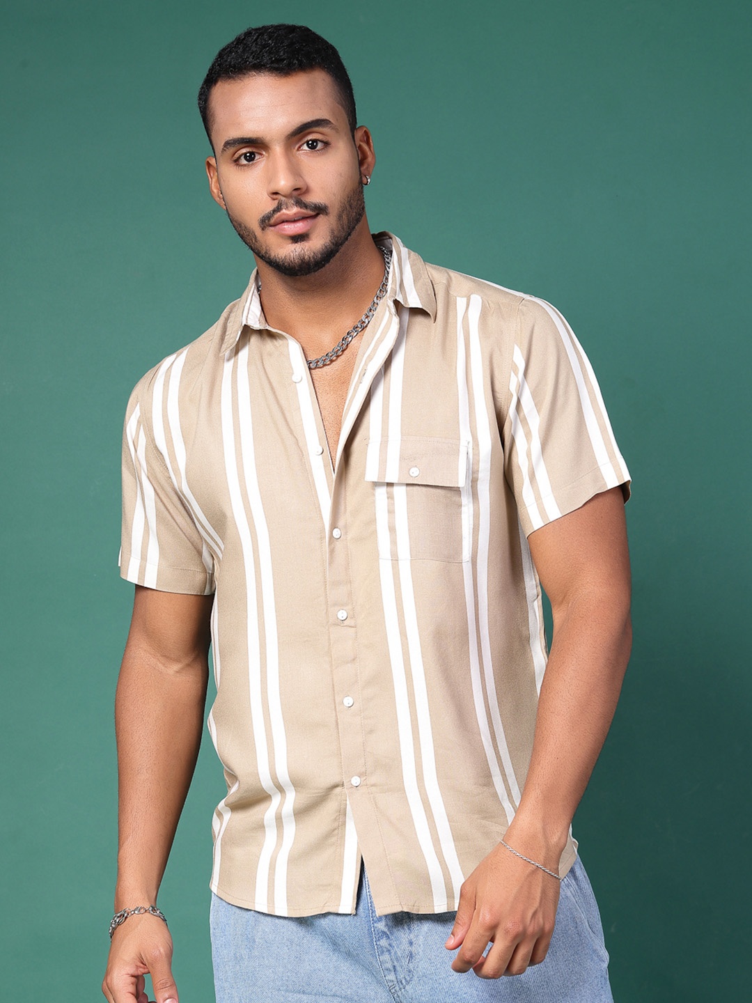 

Rigo Men Premium Slim Fit Opaque Striped Casual Shirt, Beige