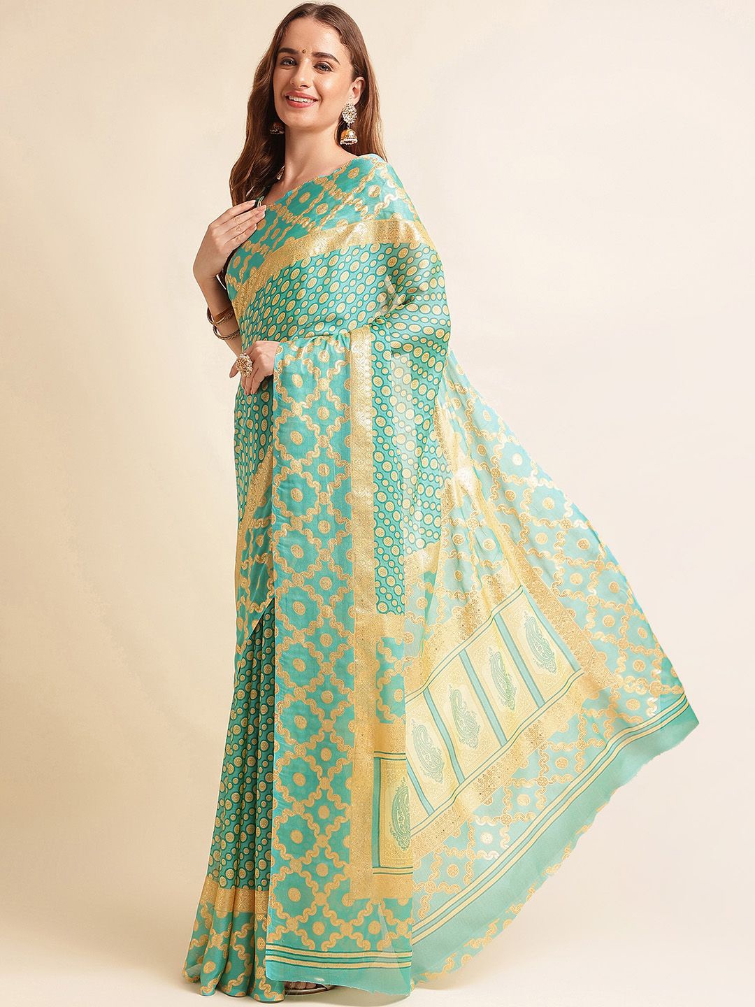 

Ishin Printed Woven Designed Zari Saree, Teal