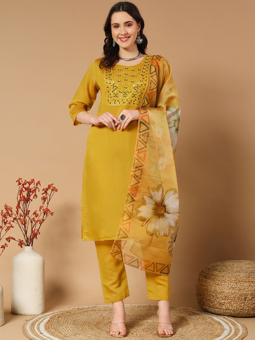 

MORLY Ethnic Motifs Yoke Design Thread Work Straight Kurta with Trousers & Dupatta, Mustard