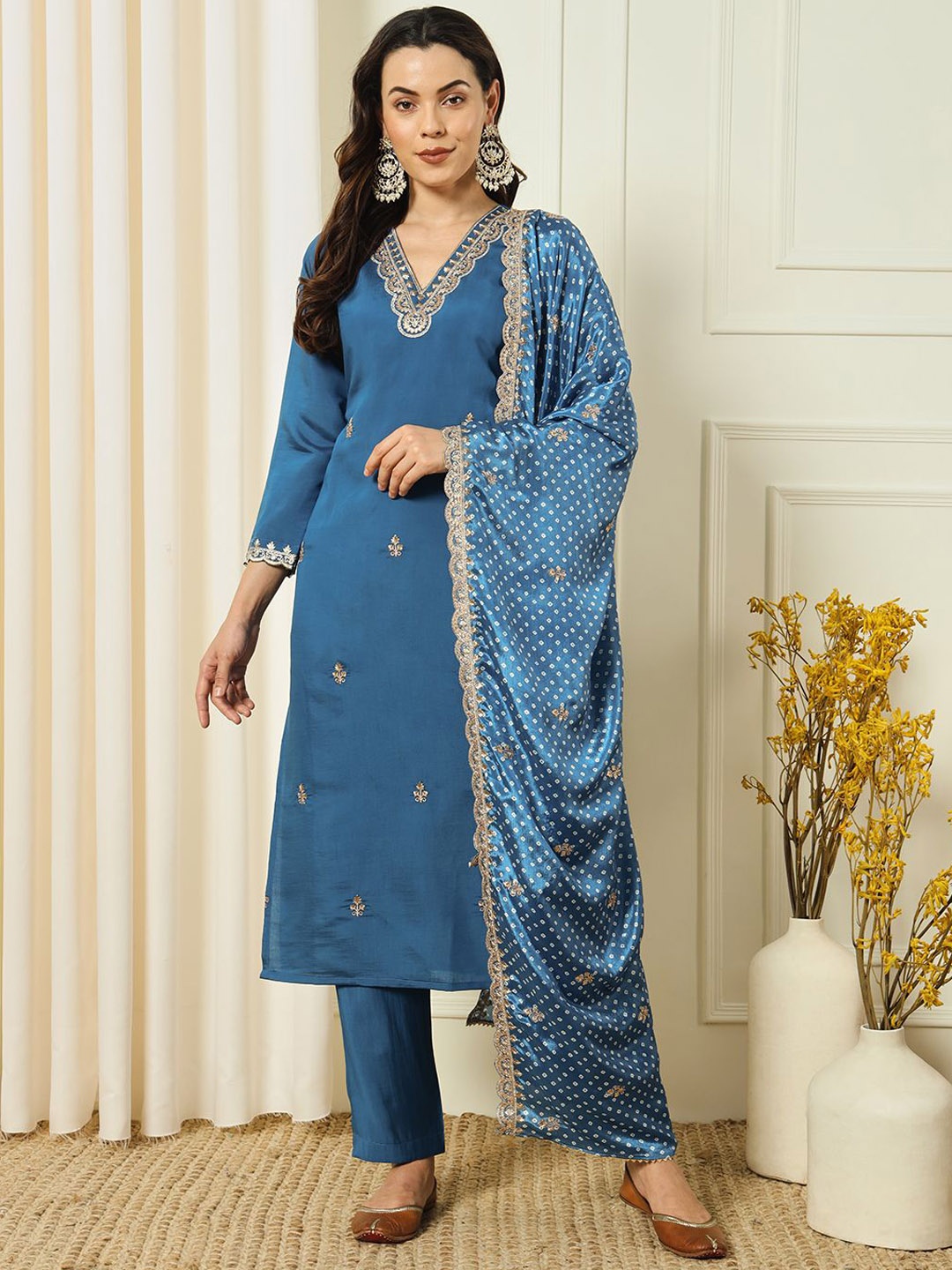 

MORLY Ethnic Motifs Embroidered Thread Work Straight Kurta With Trousers & Dupatta, Blue