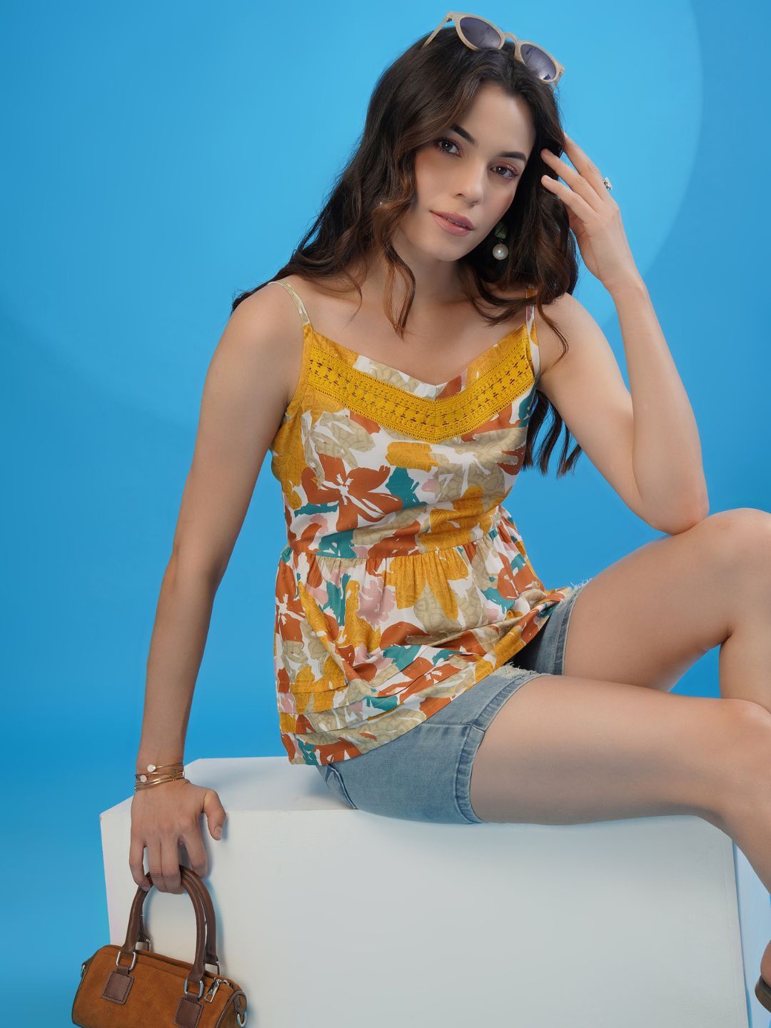 

Sangria Mustard Yellow Floral Printed Round Neck Shoulder Straps Gathered A-Line Top