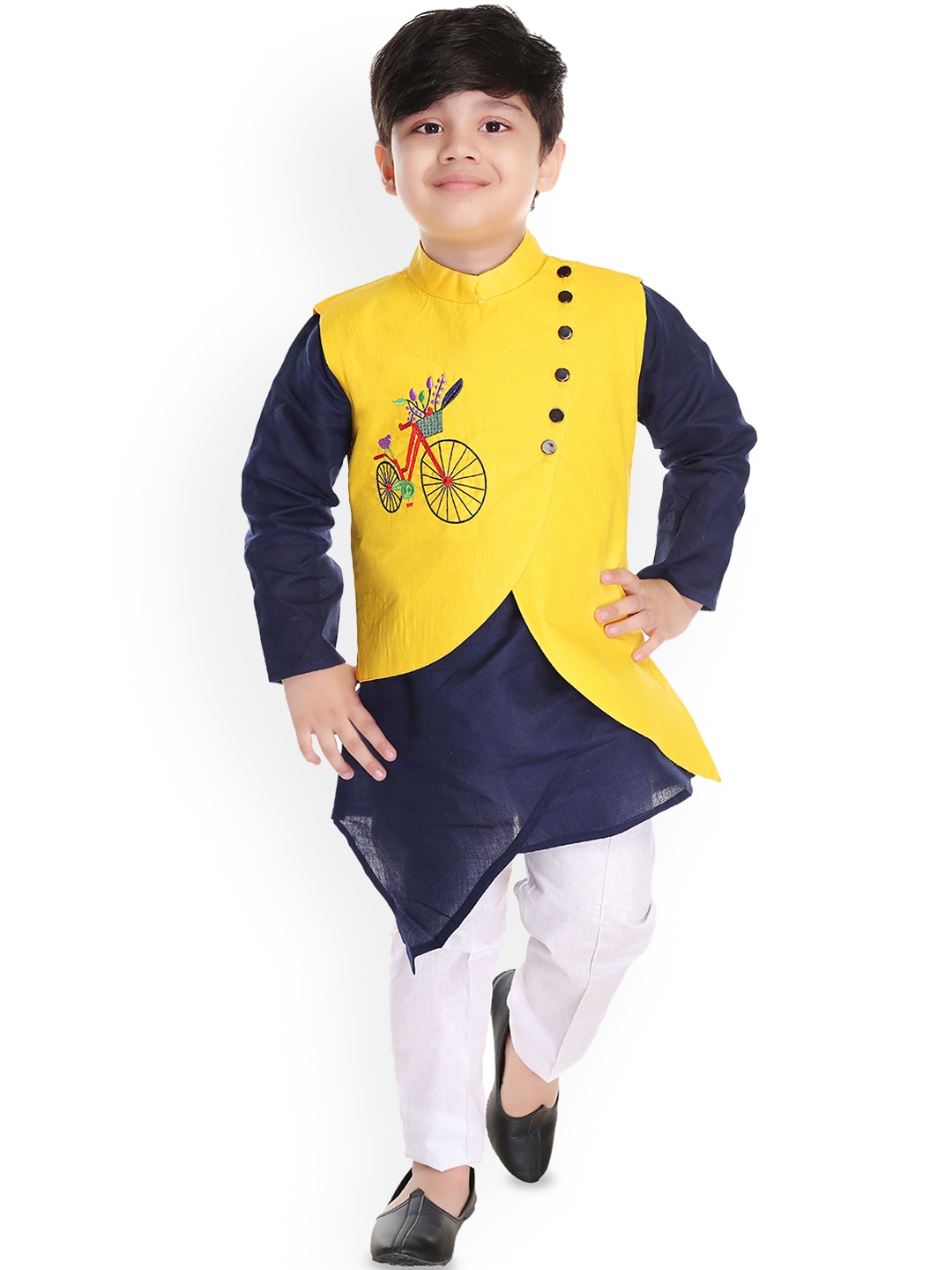 

BAESD Boys Mandarin Collar Thread Work Regular Thread Work Kurta with Pyjamas & Waistcoat, Yellow