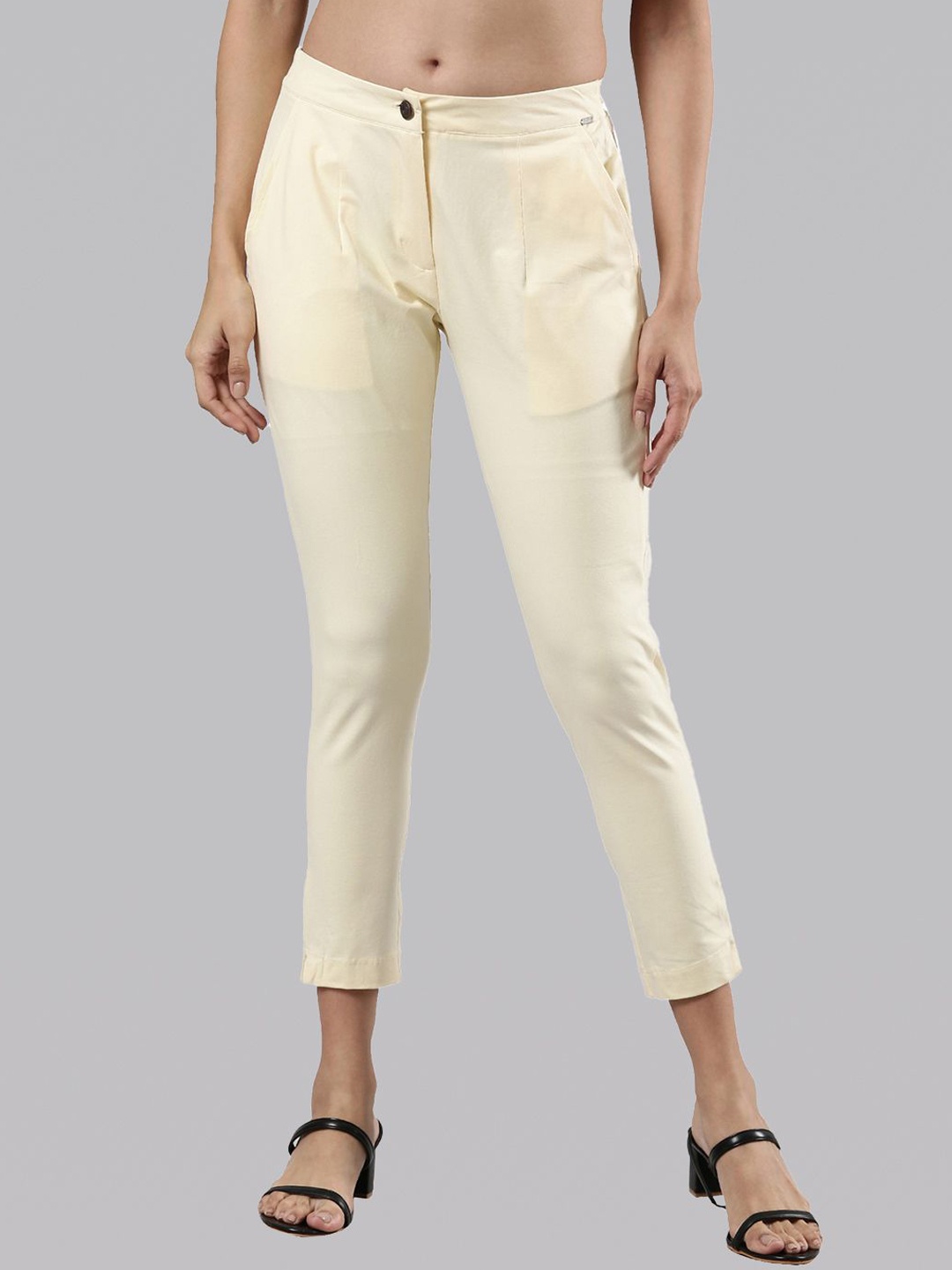 

Femmora Women Comfort Straight Fit Mid-Rise Flat-Front Trousers, Cream