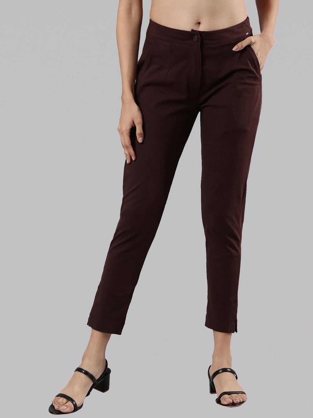 

Femmora Women Solid Mid Rise Regular Fit Comfort Cropped Cigarette Trousers, Brown