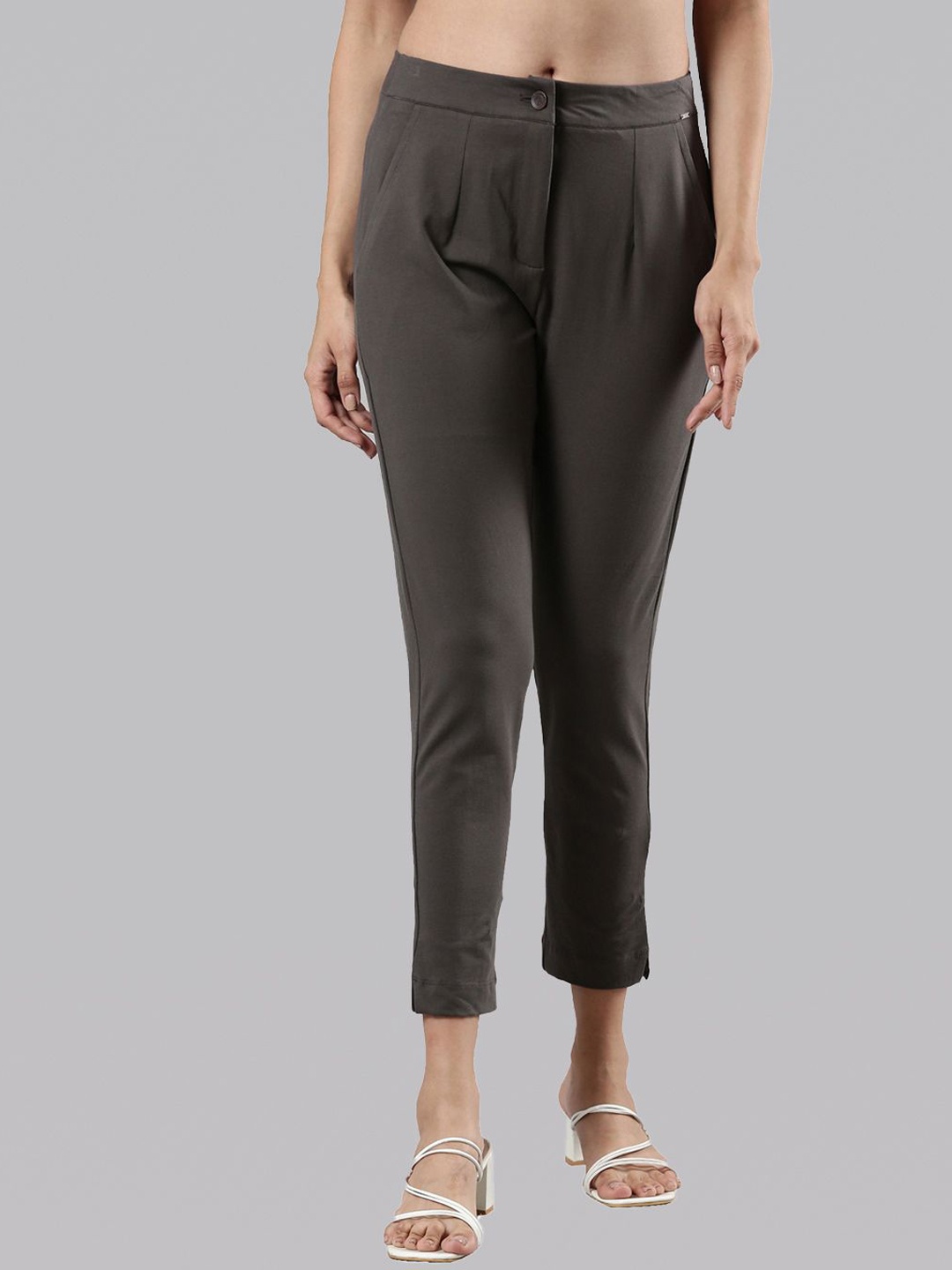 

Femmora Women Solid Mid Rise Regular Fit Comfort Pleated Peg Trousers, Grey