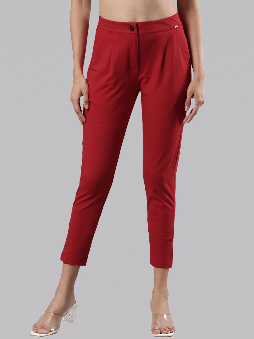 

Femmora Women Comfort Pleated Cigarette Trousers, Maroon