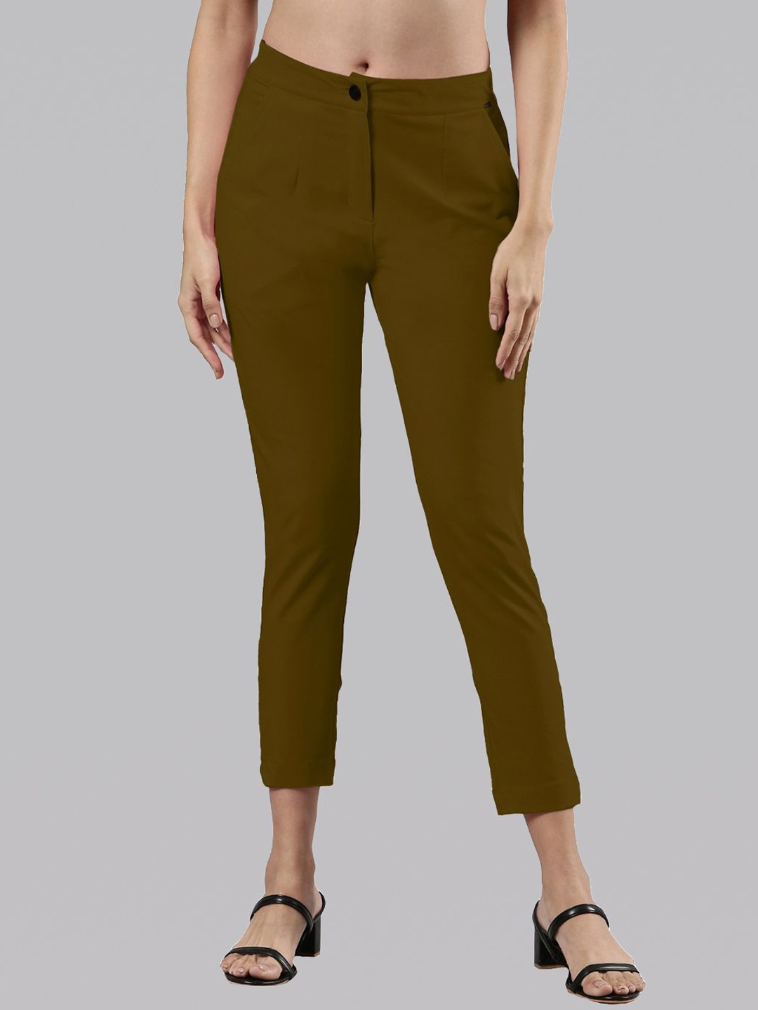 

Femmora Women Solid Mid Rise Slim Fit Comfort Cropped Regular Trousers, Brown
