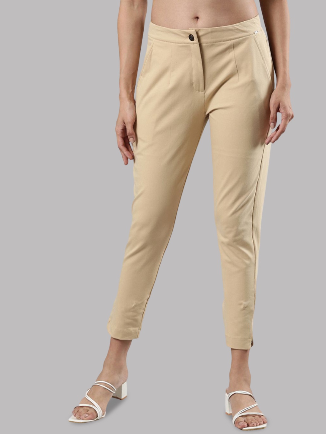 

Femmora Women Comfort Straight Fit Mid-Rise Flat-Front Trousers, Beige