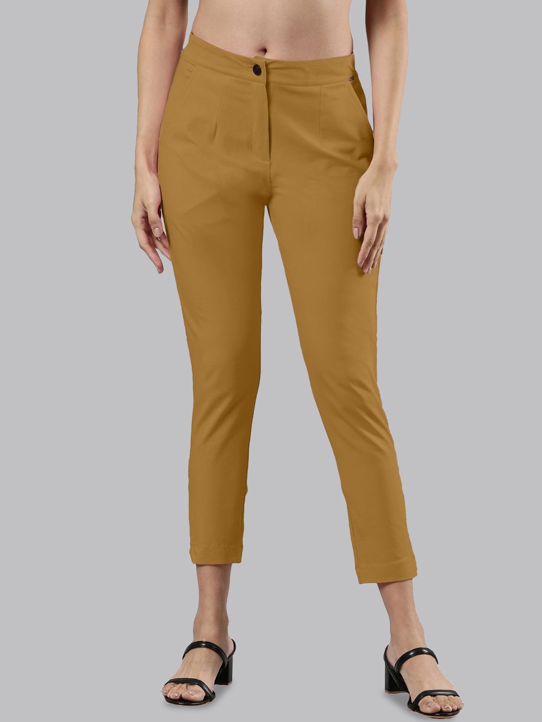 

Femmora Women Cotton Comfort Front Zip Button Closure Trousers, Mustard