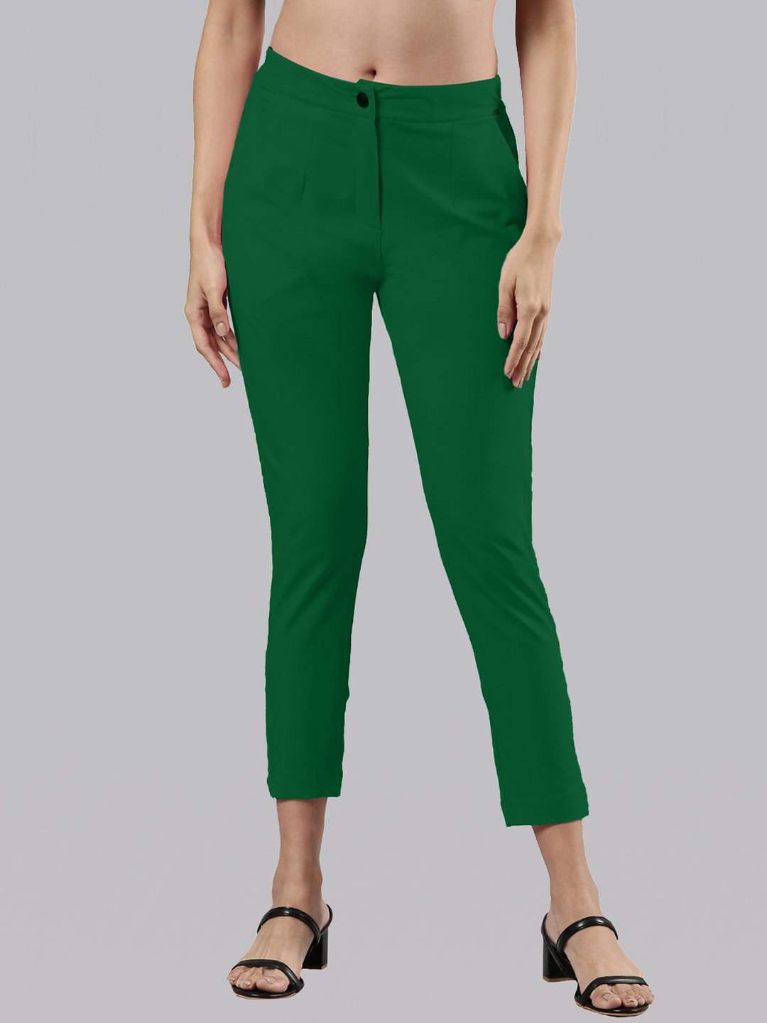 Femmora Women Solid Regular Fit Mid-Rise Cigarette Trousers, Green
