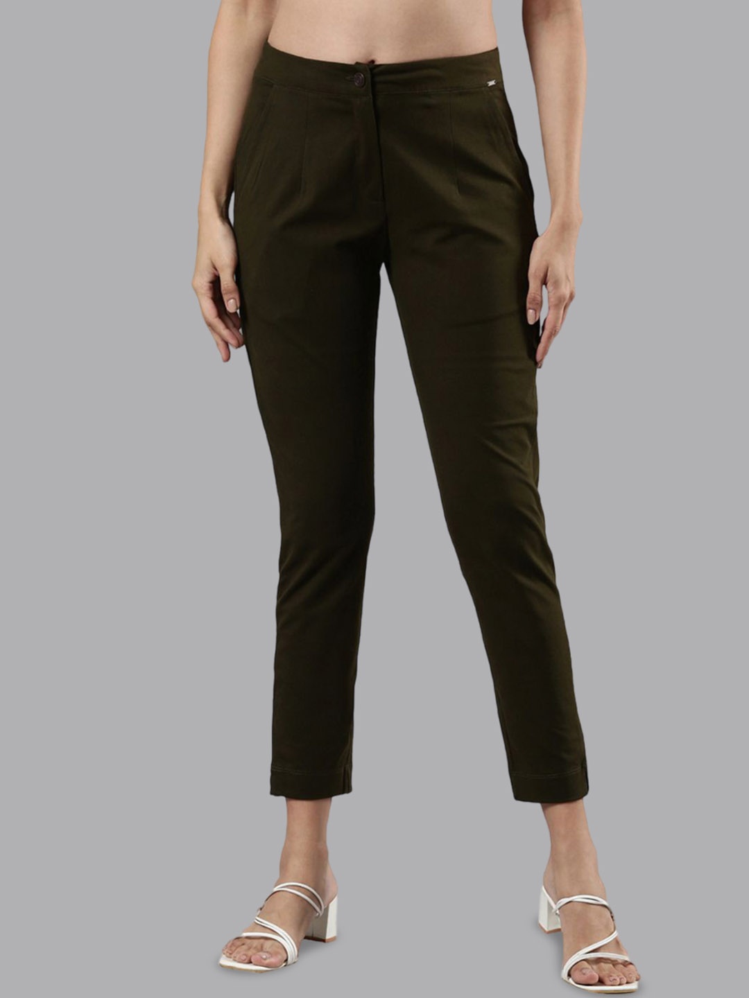 

Femmora Women Sold Slim Fit Mid-Rise Cigarette Trousers, Olive