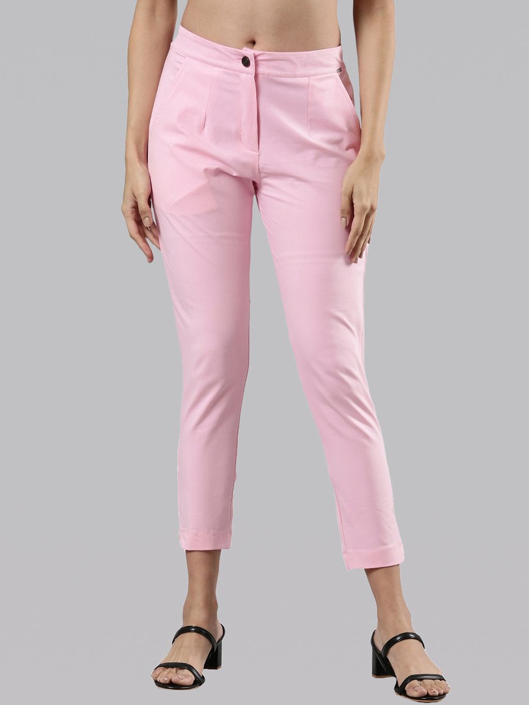 Femmora Women Comfort Regular Fit Mid-Rise Flat-Front Trousers, Pink