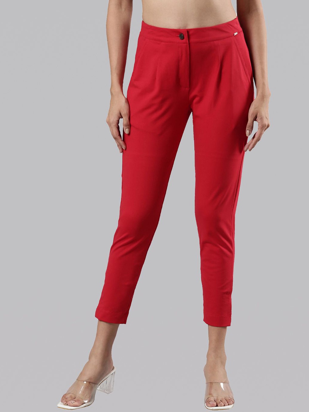 

Femmora Women Comfort Mid-Rise Regular Fit Pleated Trousers, Red