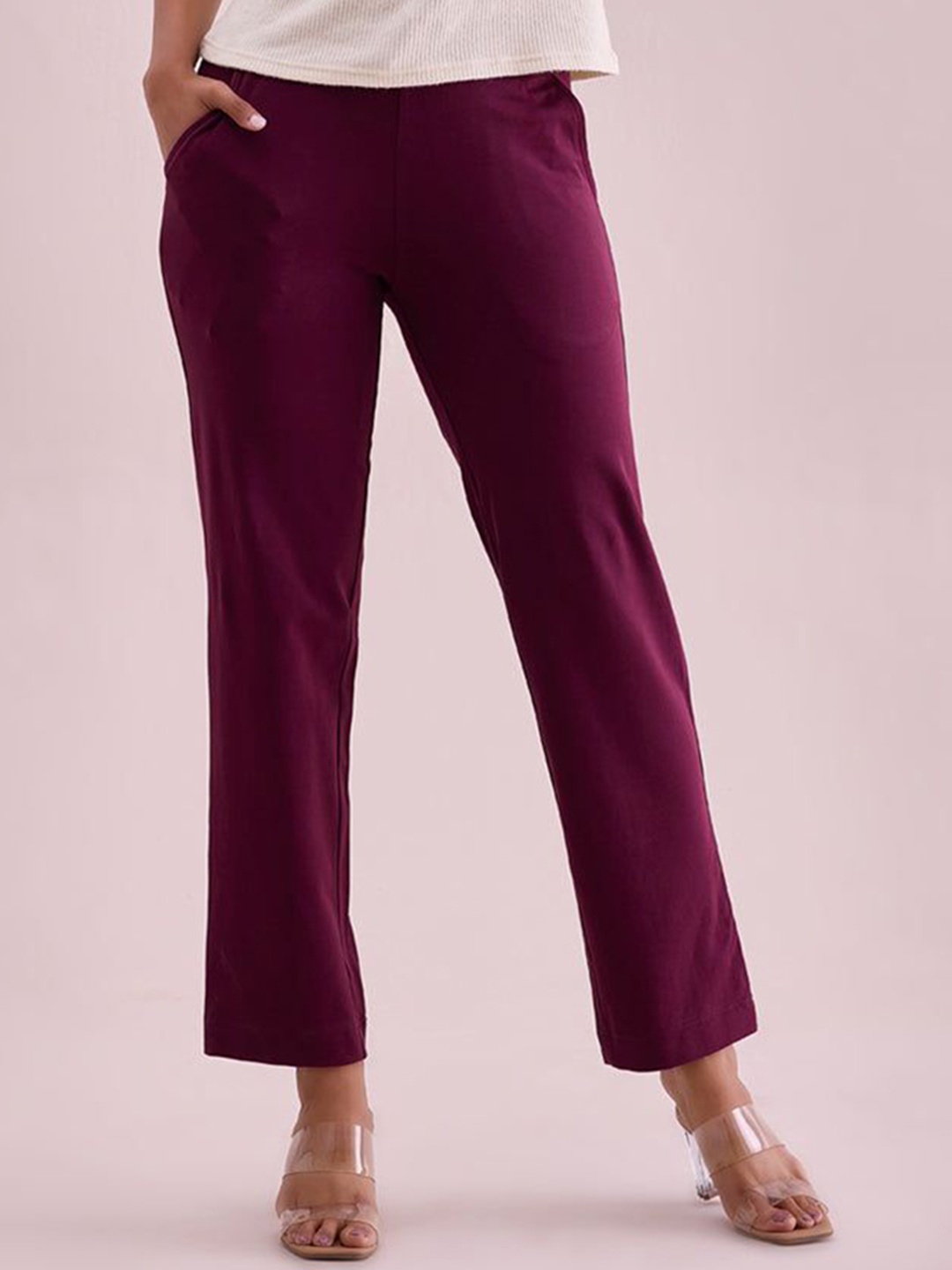 

Go Colors Women Solid Regular Fit Mid Rise Regular Trousers, Red