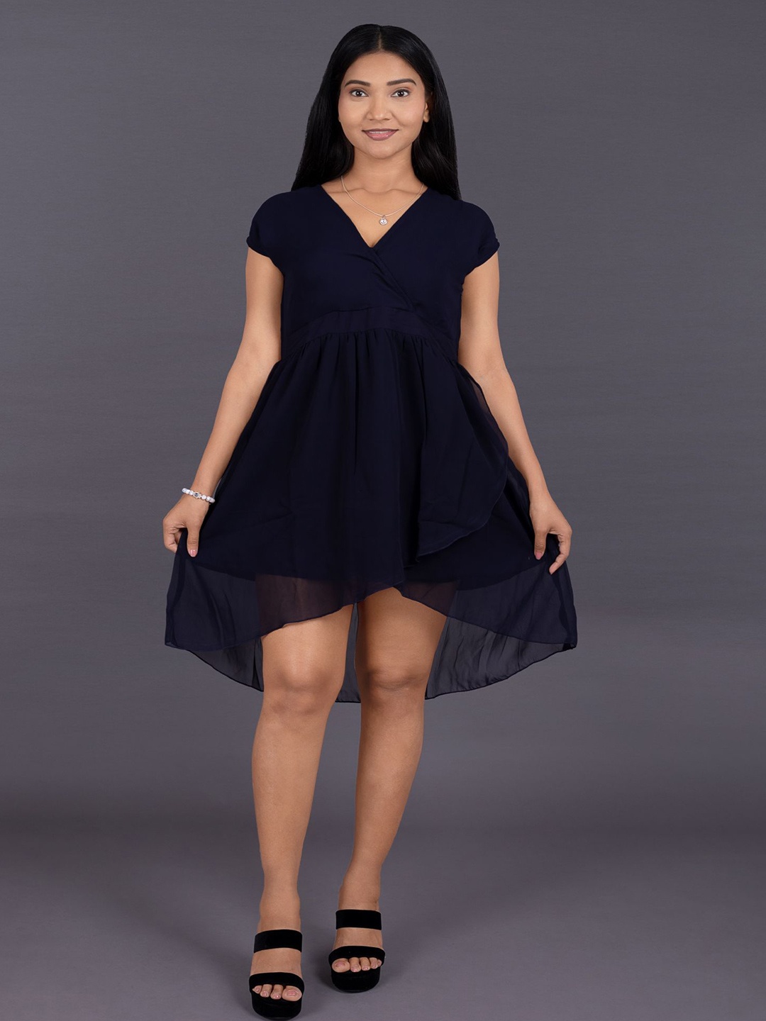 

La Aimee Georgette Fit & Flare Dress, Navy blue