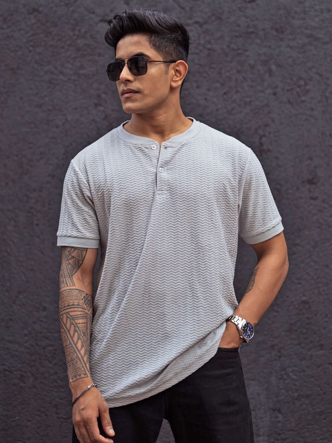 

Powerlook Men Solid Printed Henley Neck Cotton T-Shirt, Grey