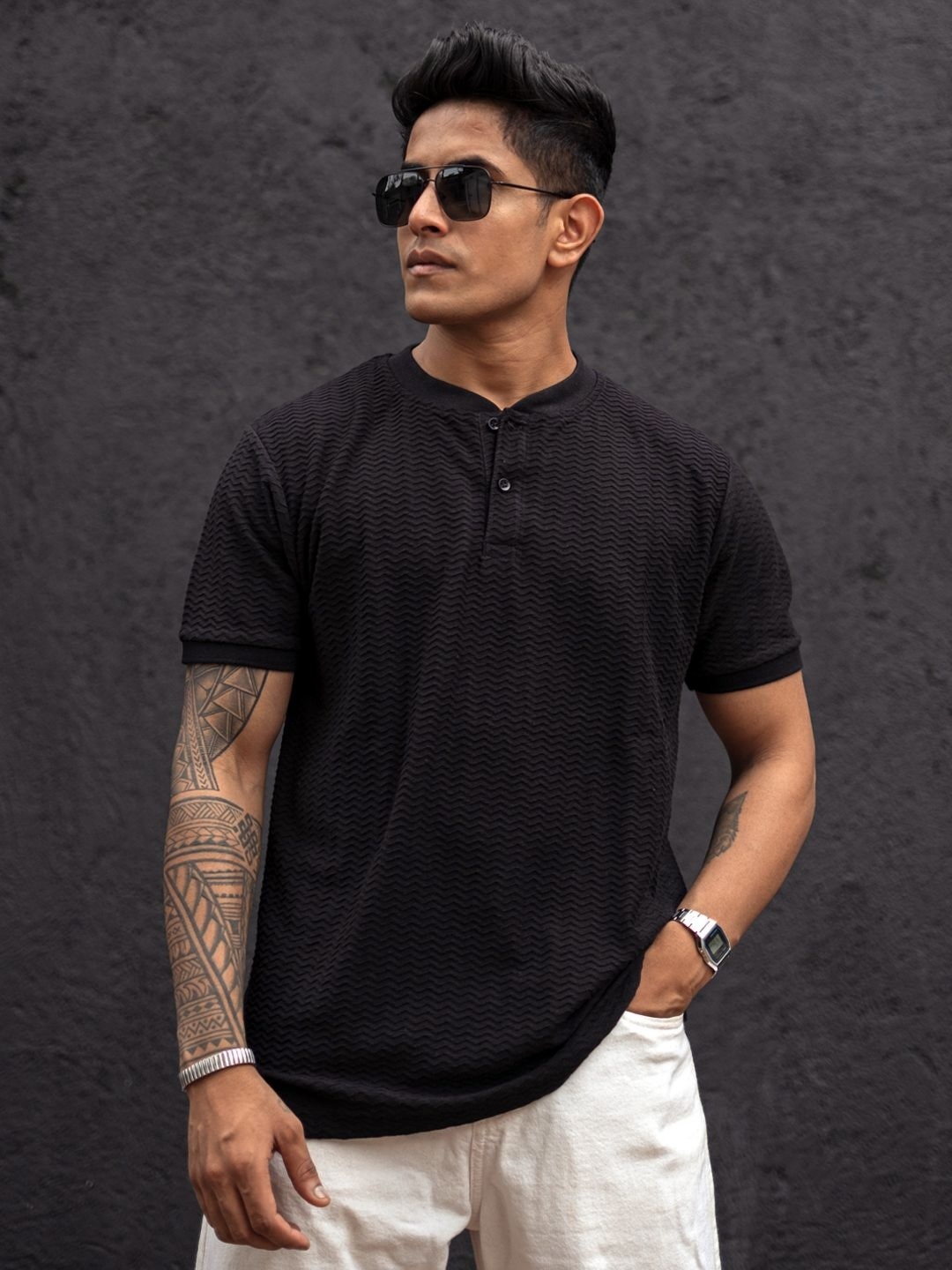 

Powerlook Men Solid Henley Neck Cotton T-Shirt, Black