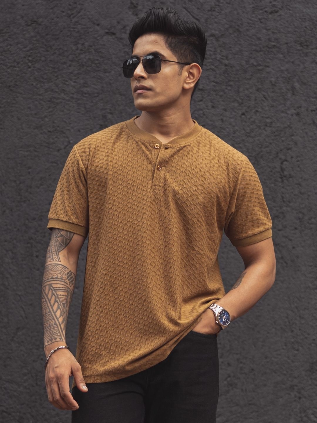 

Powerlook Men Solid Henley Neck Cotton T-Shirt, Brown