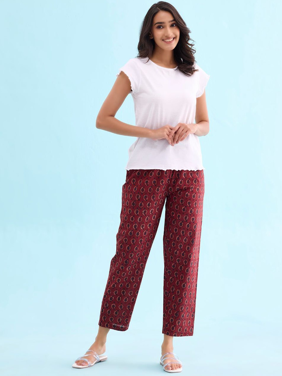 

Go Colors Women Printed Cotton Trousers, Red