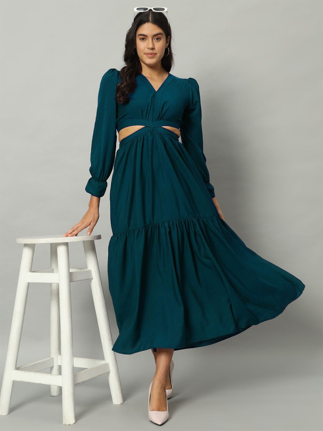 

Femvy Women Solid V-Neck Long Sleeves Flared Maxi Dress, Blue