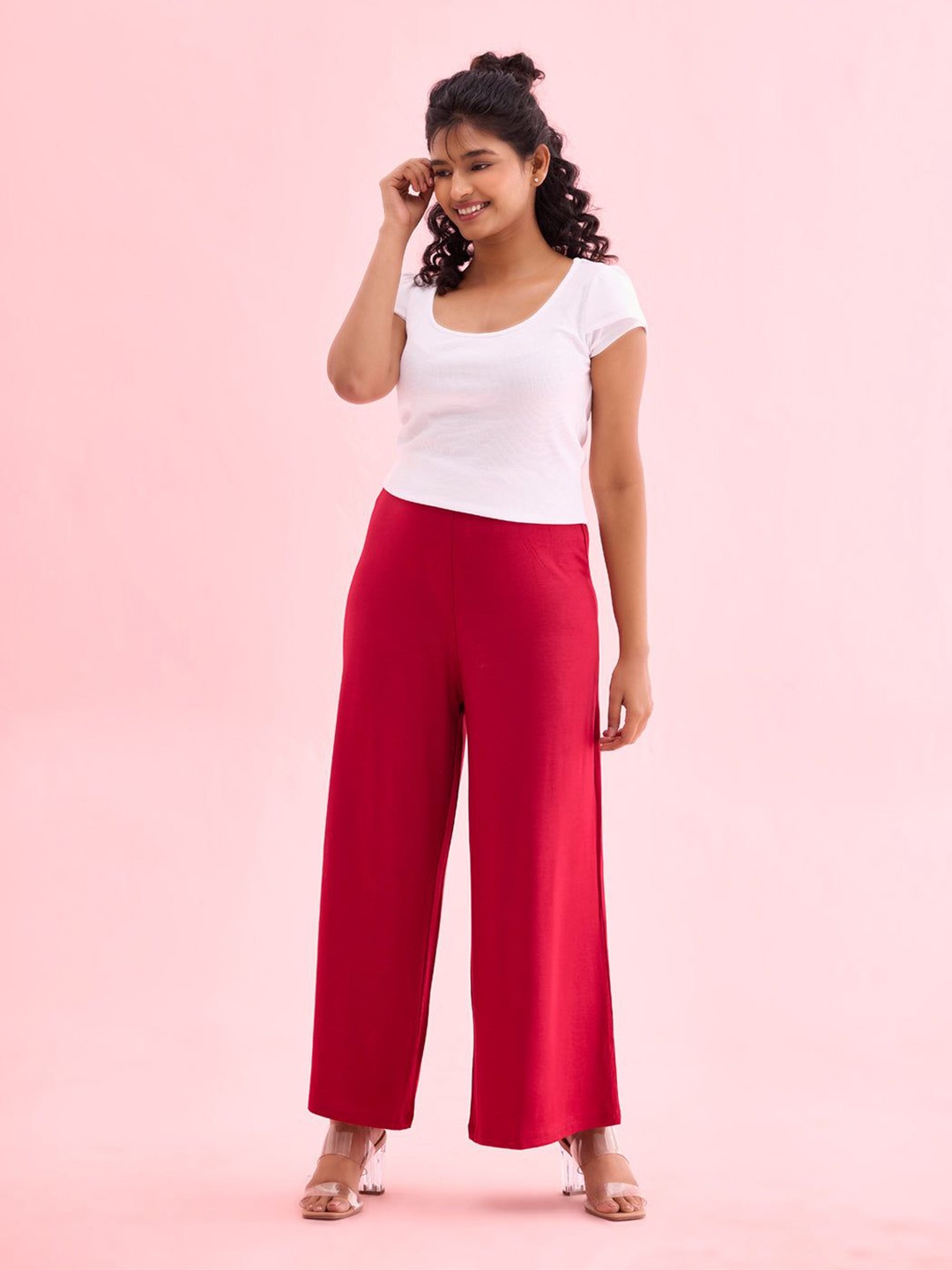 

Go Colors Women Solid Mid Rise Palazzos, Pink