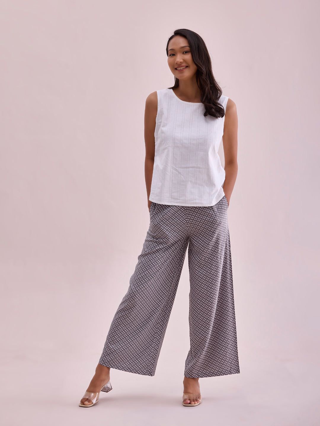 

Go Colors Women Mid Rise Printed Palazzos, Grey