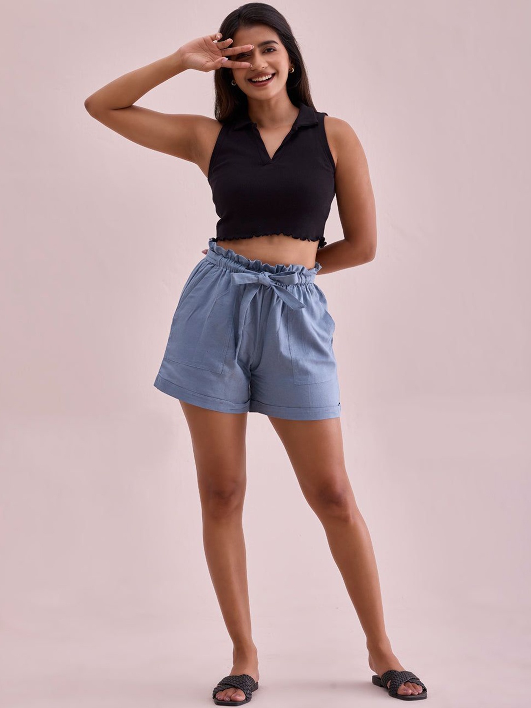 

Go Colors Women Tie-Up High-Rise Shorts, Blue