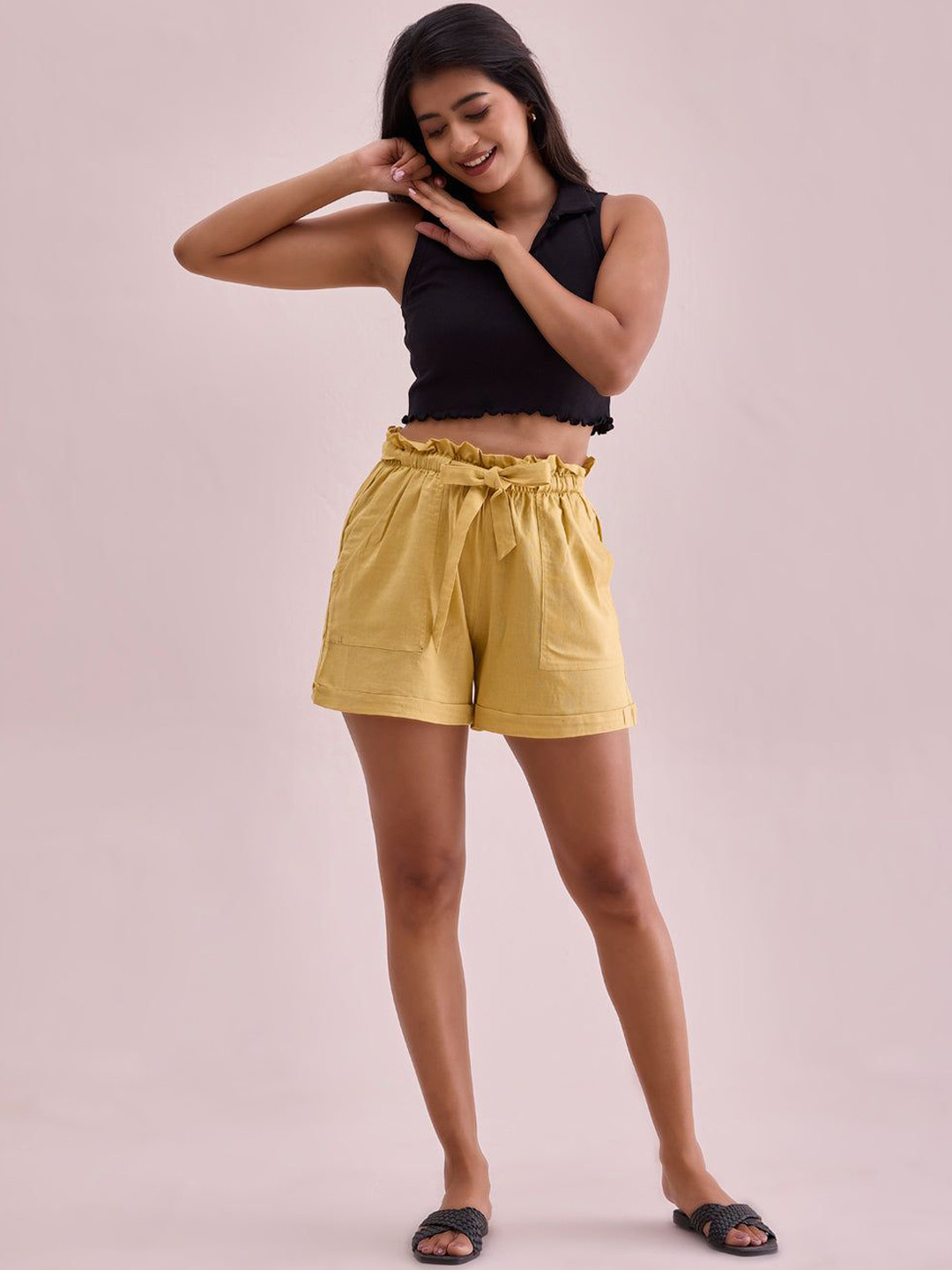 

Go Colors Women High-Rise Linen Shorts, Yellow