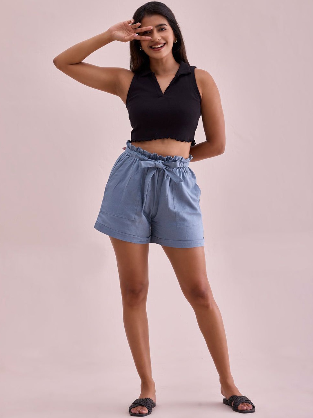 

Go Colors Women High-Rise Linen Shorts, Blue