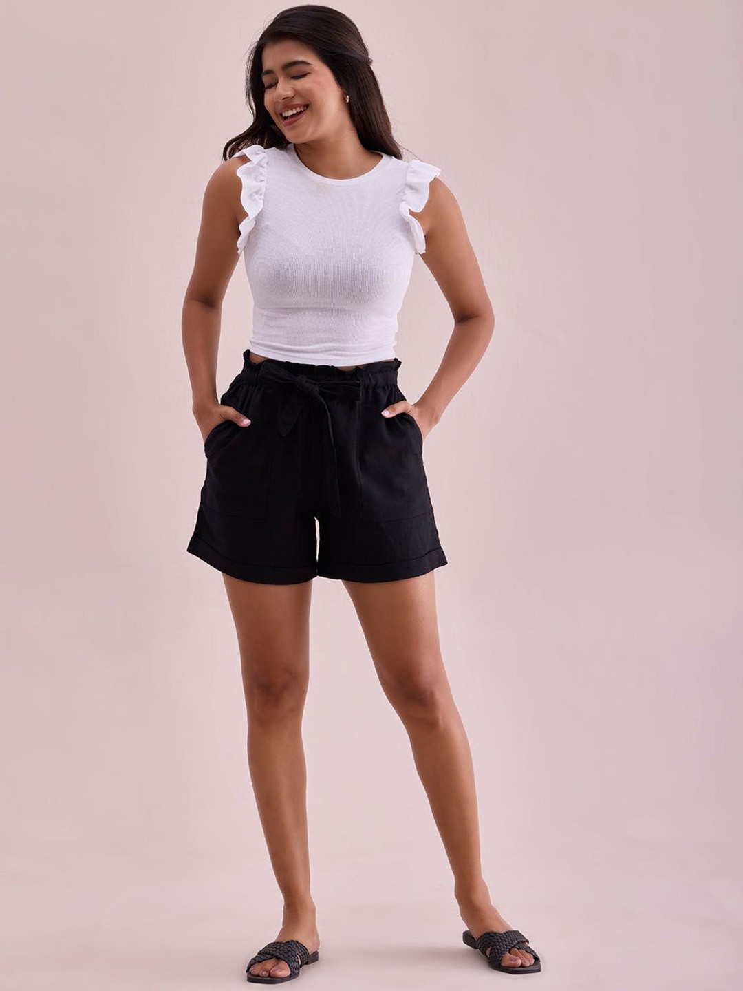

Go Colors Women Solid High-Rise Linen Shorts, Black