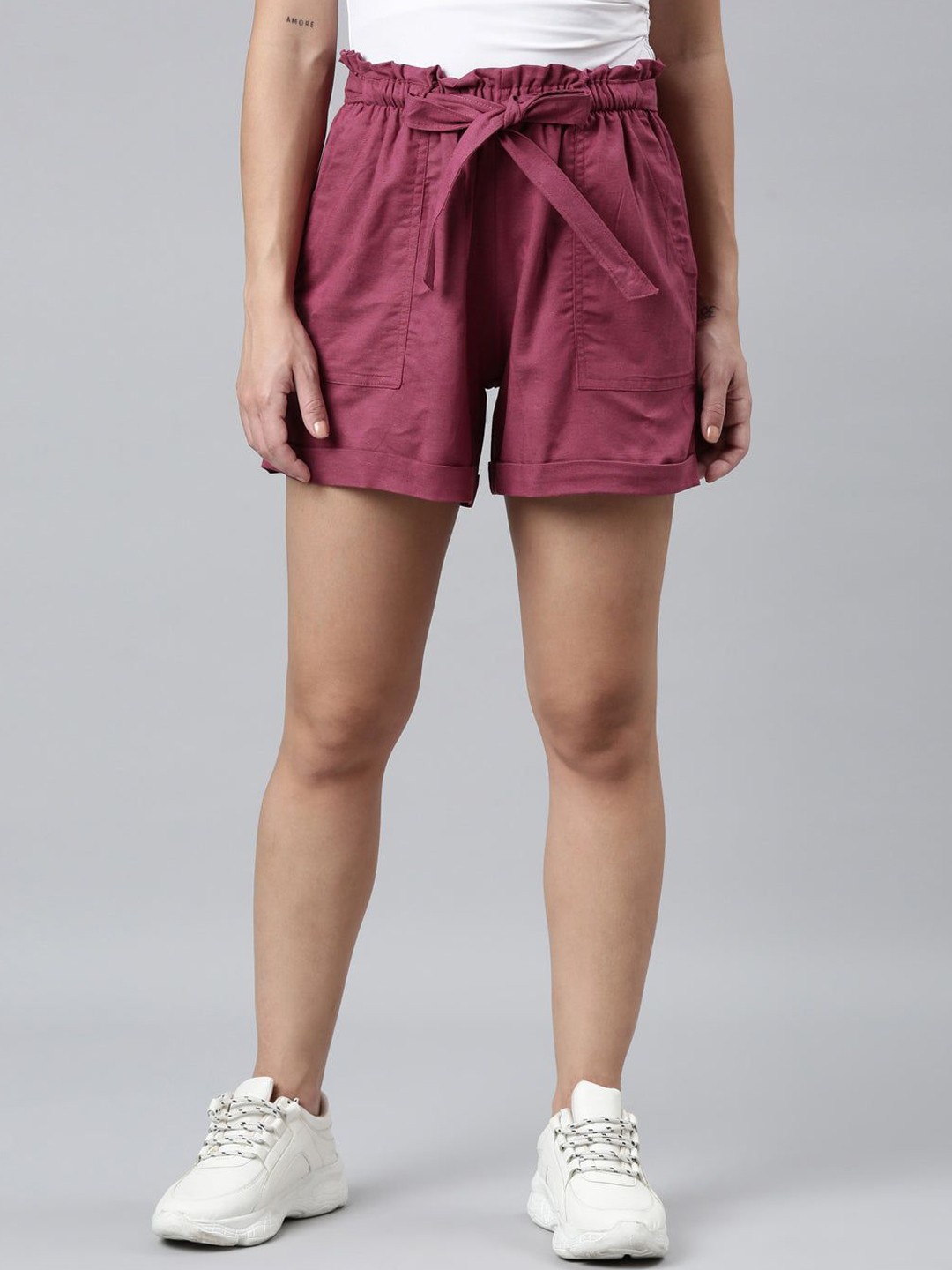 

Go Colors Women High-Rise Linen Shorts, Burgundy
