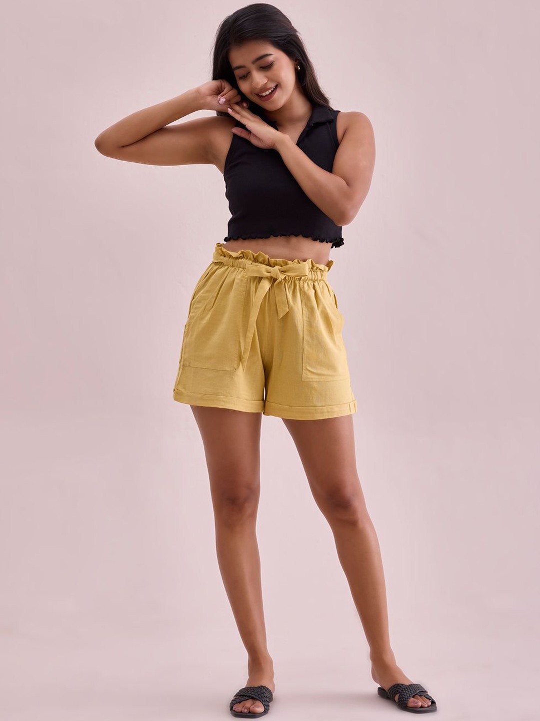

Go Colors Women High-Rise Linen Shorts, Yellow