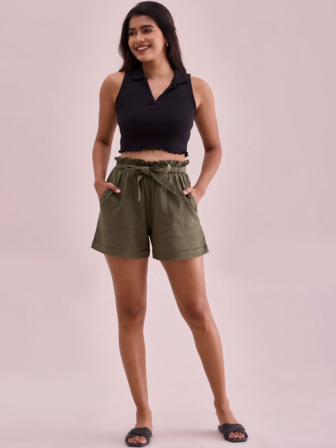 

Go Colors Women High-Rise Linen Shorts, Green
