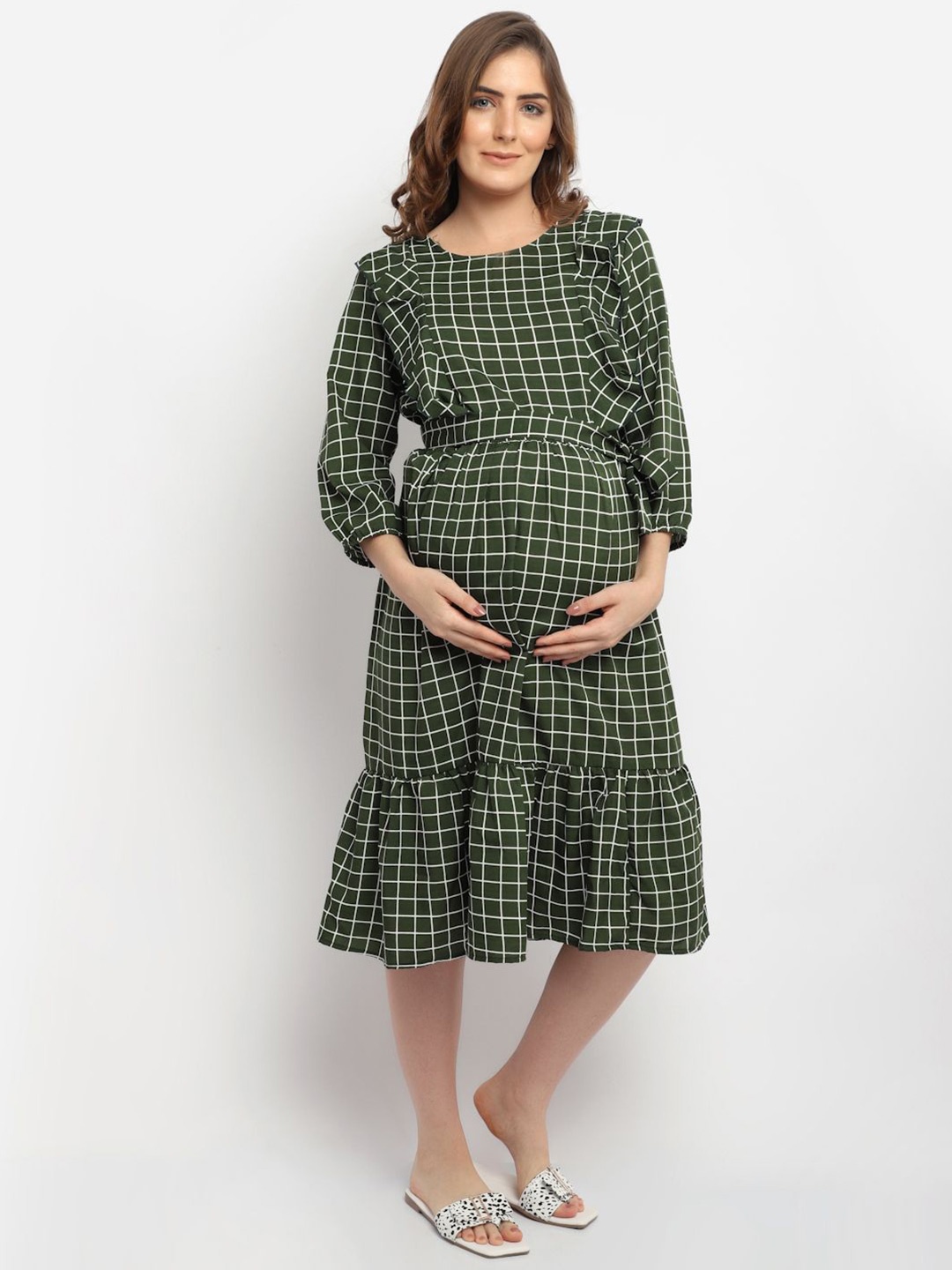 

Moms Maternity Checked Puff Sleeve Crepe Maternity Fit & Flare Midi Dress, Olive