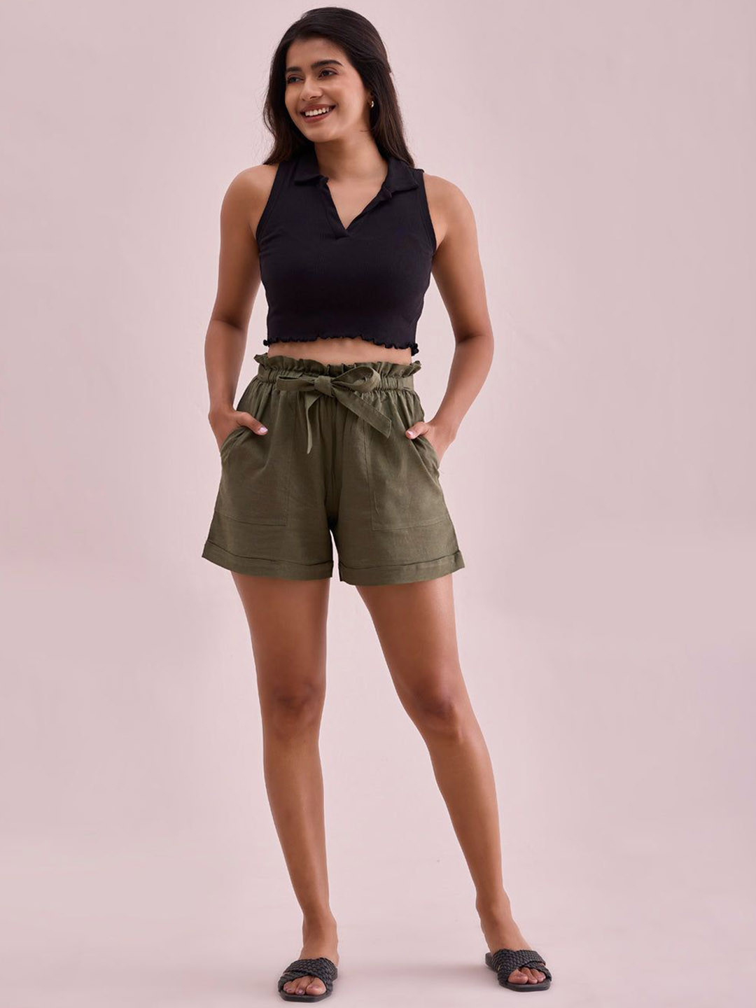 

Go Colors Women High-Rise Linen Shorts, Olive