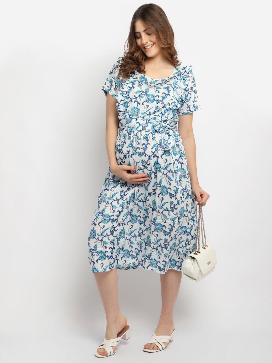 

Moms Maternity Floral Print Maternity A-Line Midi Dress, Blue