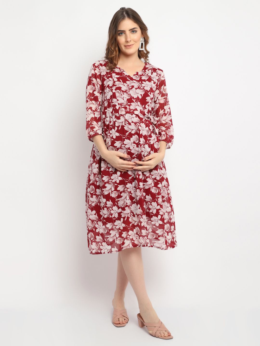 

Moms Maternity Floral Print Georgette Maternity Fit & Flare Midi Dress, Maroon