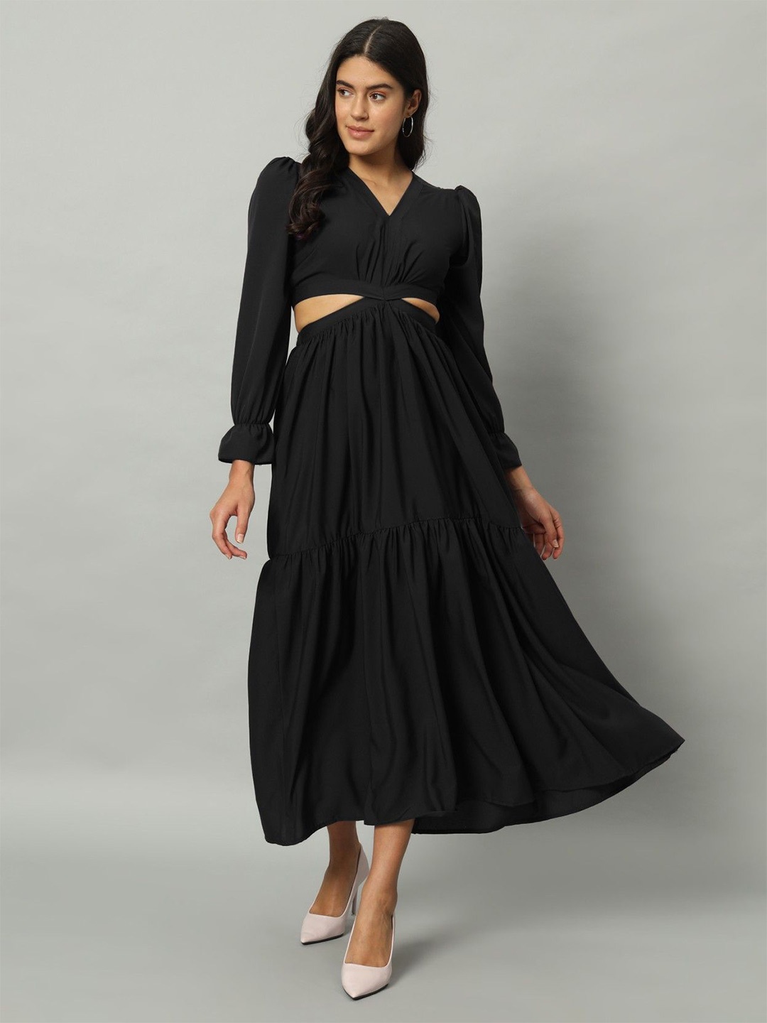 

Femvy Cuffed Sleeve Tiered Fit And Flare Dress with Cut-Outs Detail, Black