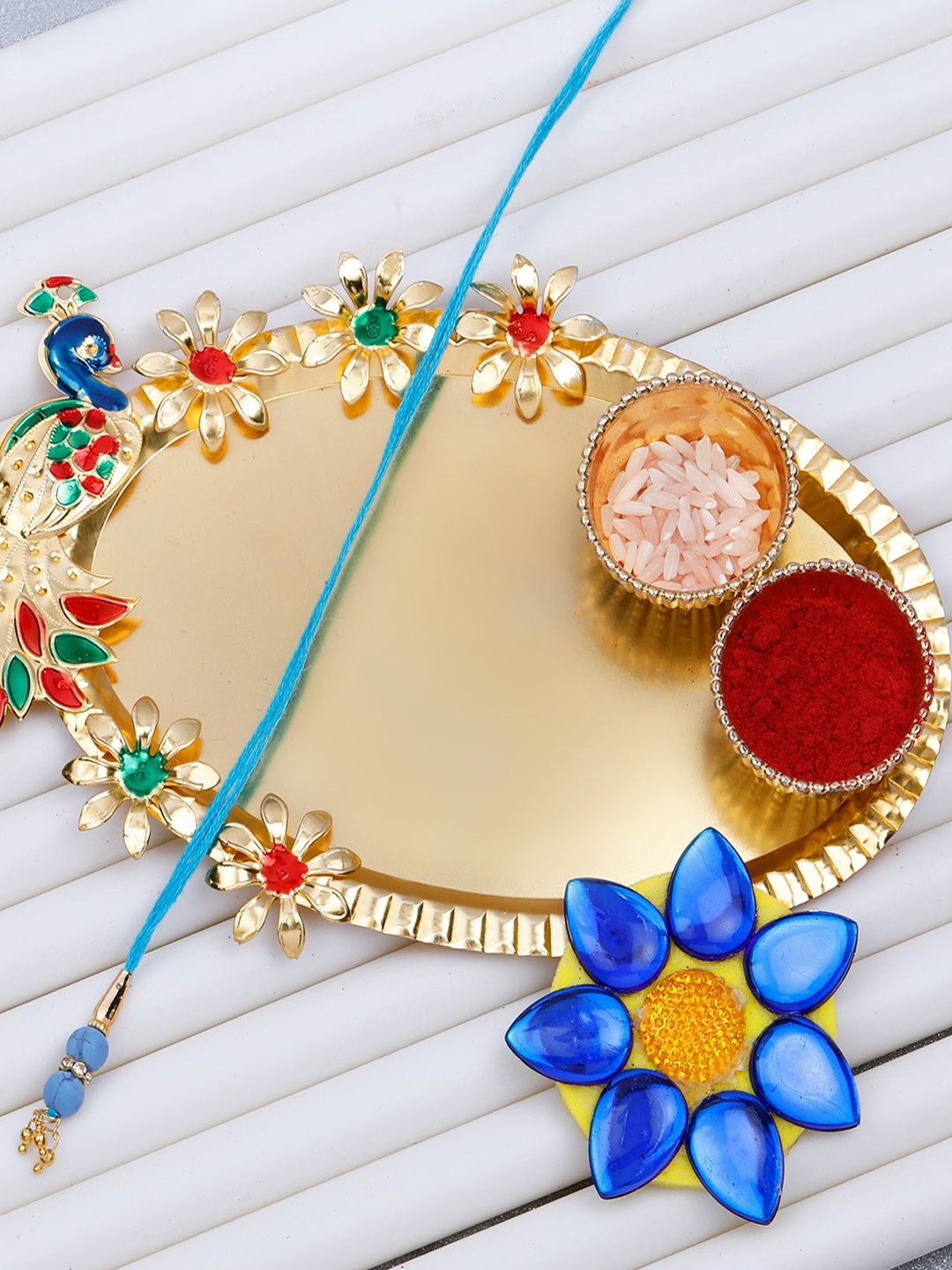

Silver Shine Set of 2 Beaded Thread Rakhi With Roli Chawal & Kankawati Pooja Thali, Gold