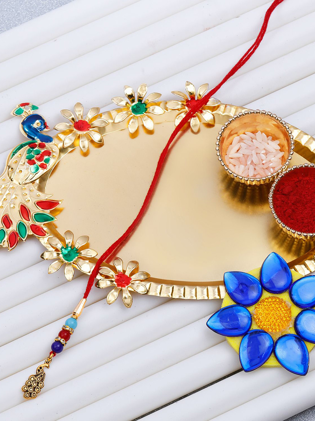 

Silver Shine Set of 2 Beaded Thread Rakhi With Roli Chawal & Kankawati Pooja Thali, Gold